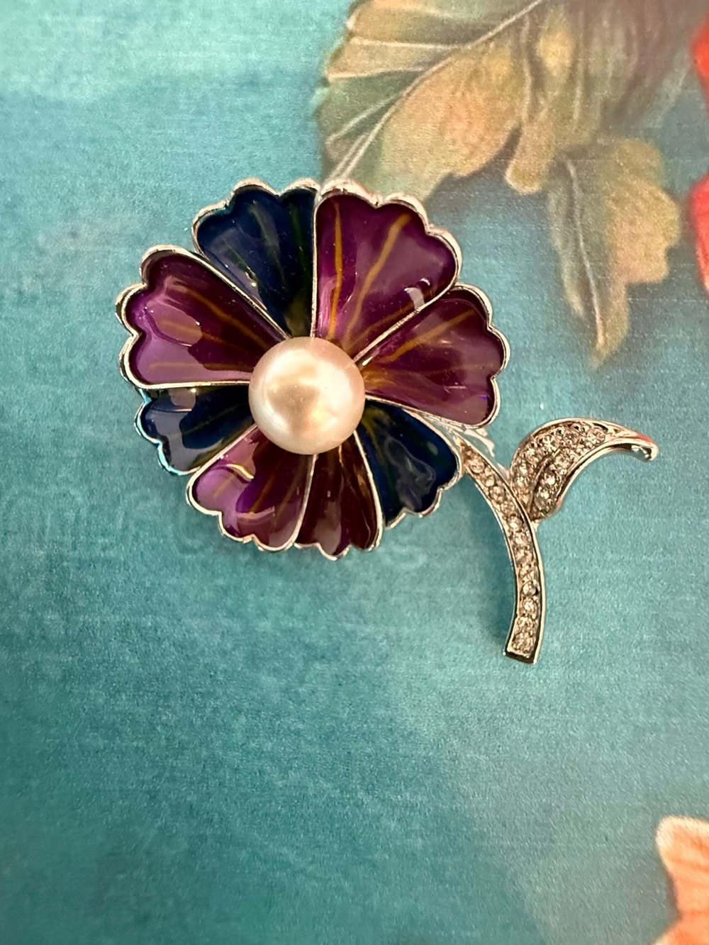 Purple and Blue Enamel Flower Brooch with Pearl Center